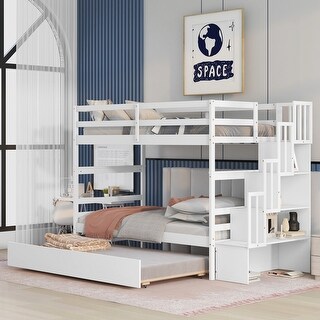 Wooden Twin over Twin Bunk Bed with Pull Out Trundle Bed, Stairway Storage and Full-length Guardrails for Kids, Teens