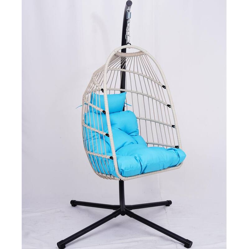 Outdoor Egg Hanging Chair, Swing Chair with Stand & Aluminum-Steel Frame, Patio Rattan Wicker Hanging Swing Egg Chair