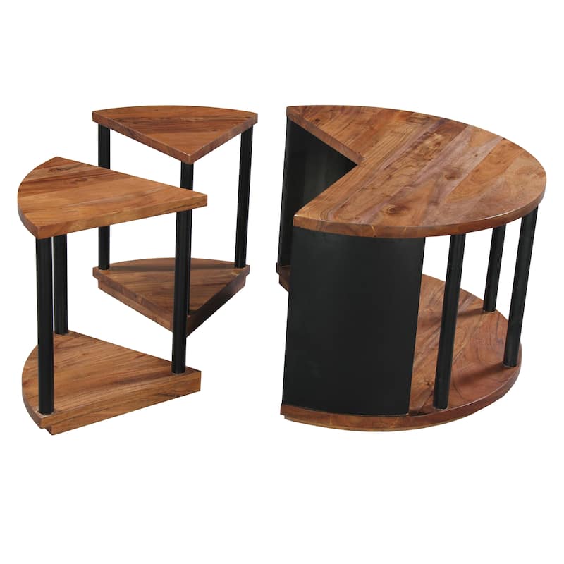Jones 30-Inch Round Coffee Table, Handcrafted Natural Brown Acacia Wood, 3 Piece Split Design