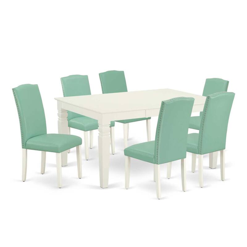 7Pc Dinette Table Set - 42x60" Rectangular Table w/ Leaf & 6 Parsons Chairs - Linen White Legs, Pond PU Leather