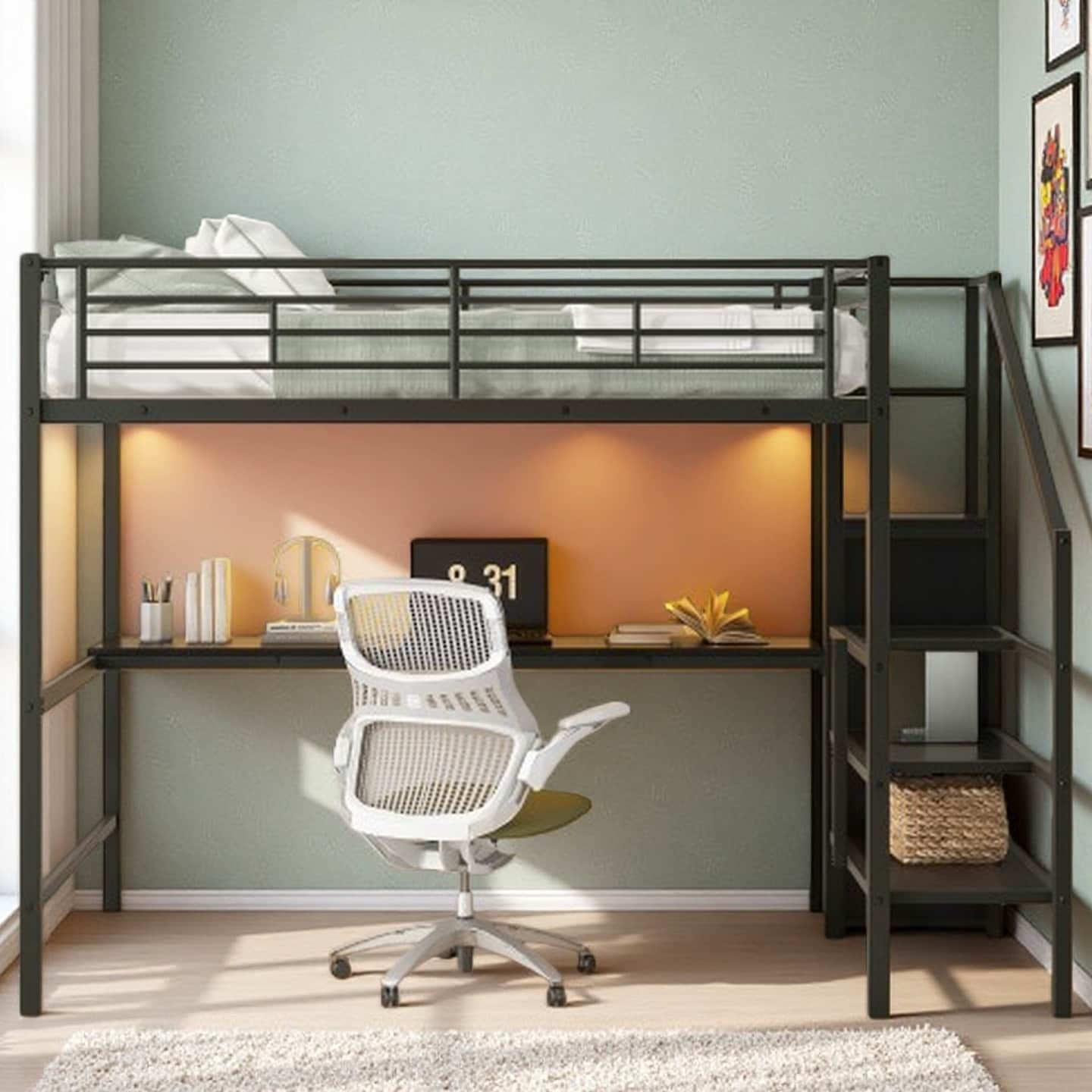 Full Size Metal Loft Bed with Desk, Storage Staircase, Wardrobe, and LED Lighting