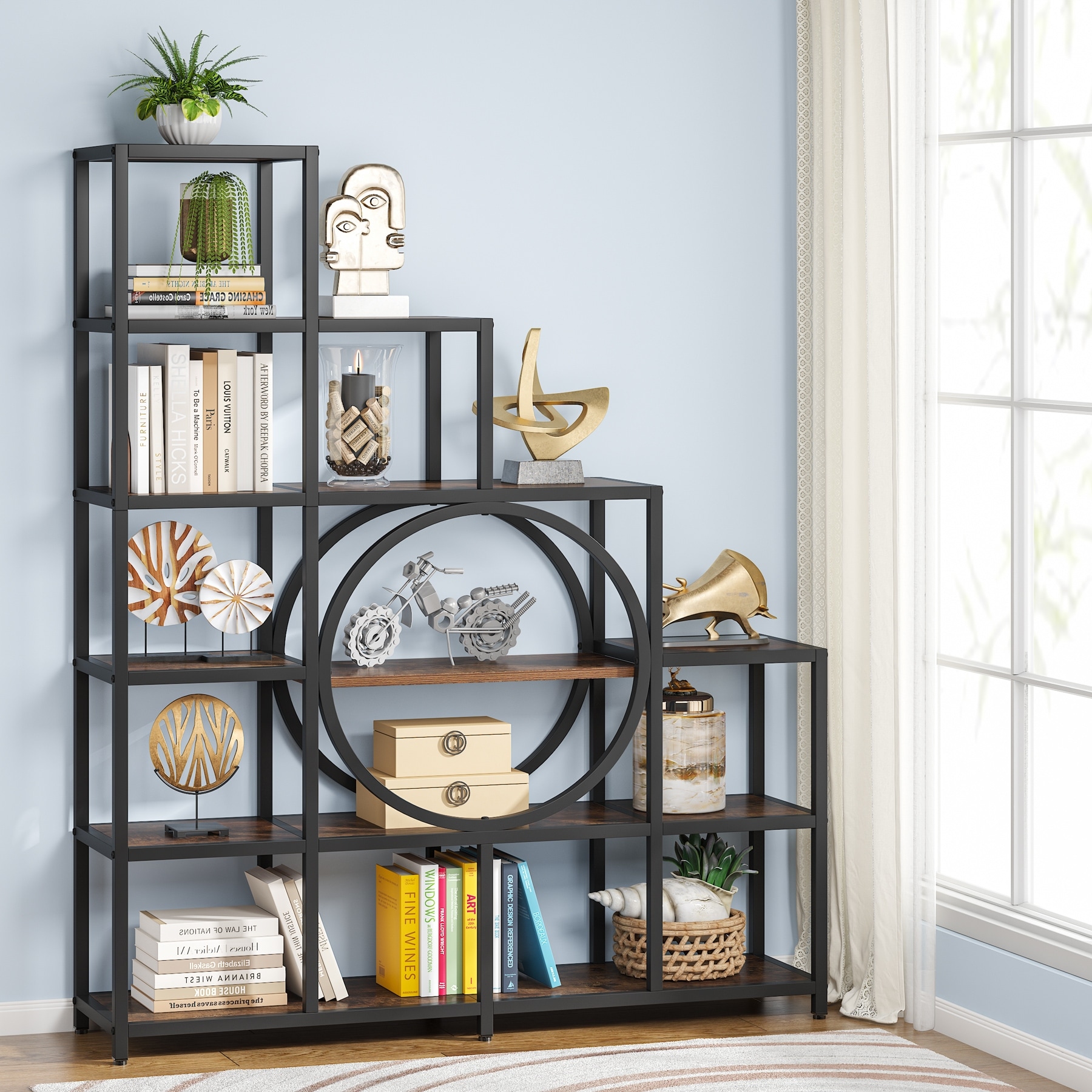 Industrial Freestanding Ladder Corner Bookshelf 12 Cubes Stepped