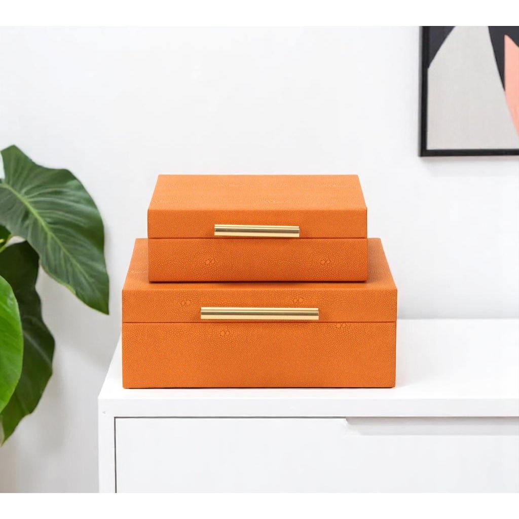 Set Of Two Orange Faux Shagreen Jewelry Boxes With Decorative Hardware