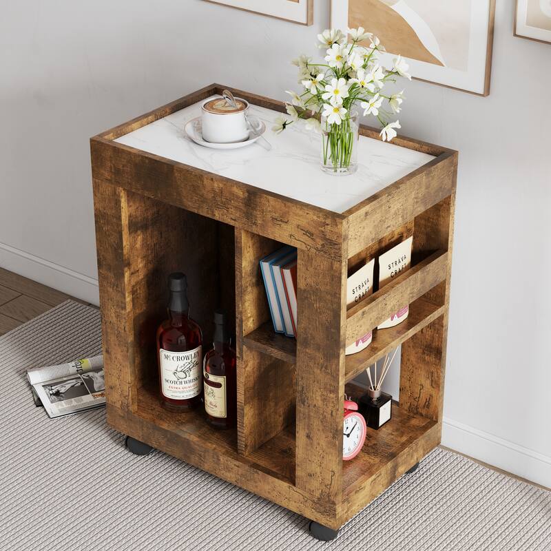 Anmytek Rustic Rolling Utility Cart with Marble Top Mobile Bar Cart for Kitchen and Living Room Storage