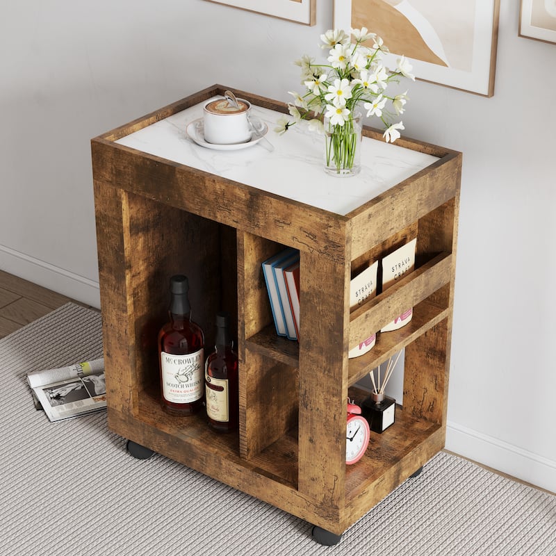 Kitchen Island with Rubberwood Top, Kitchen Cabinet with Sliding Handle, Kitchen Cart with Movable Casters - Black Brown