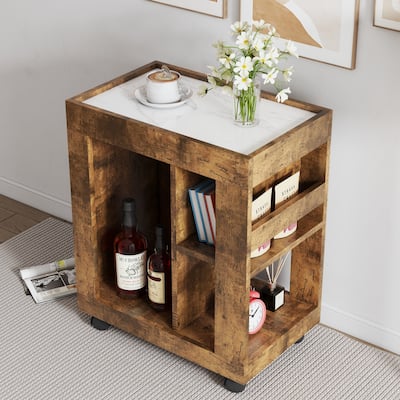 Kitchen Island with Rubberwood Top, Kitchen Cabinet with Sliding Handle, Kitchen Cart with Movable Casters