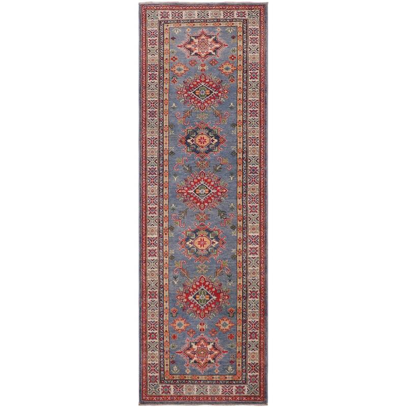 Rustic Kazak Isla Light Blue/Beige Wool Runner - 2'8'' x 9'6''