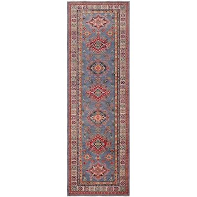 Rustic Kazak Isla Light Blue/Beige Wool Runner - 2'8'' x 9'6''