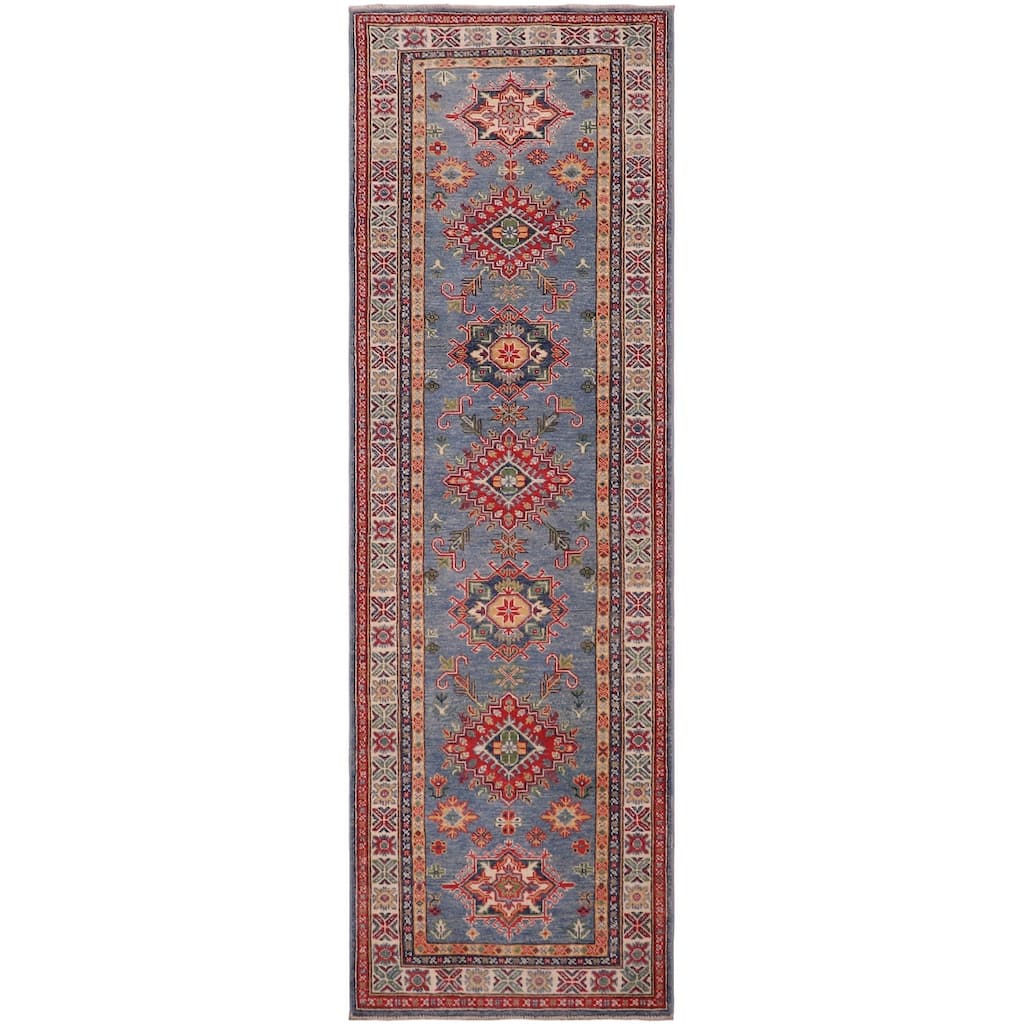 Rustic Kazak Isla Light Blue/Beige Wool Runner - 2'8'' x 9'6''