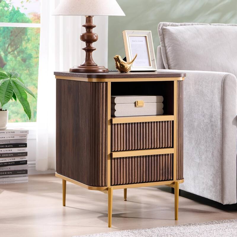 Modern Luxury Fluted Nightstand with faux marble tabletops, End Table - Dark Walnut