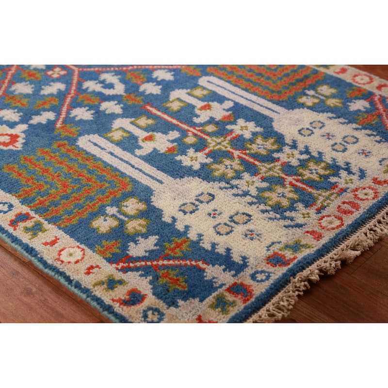 Blue Oushak Indian Foyer Rug Hand-Knotted Wool Carpet - 2'7" x 6'0" - 2'7" x 6'0" - Blue