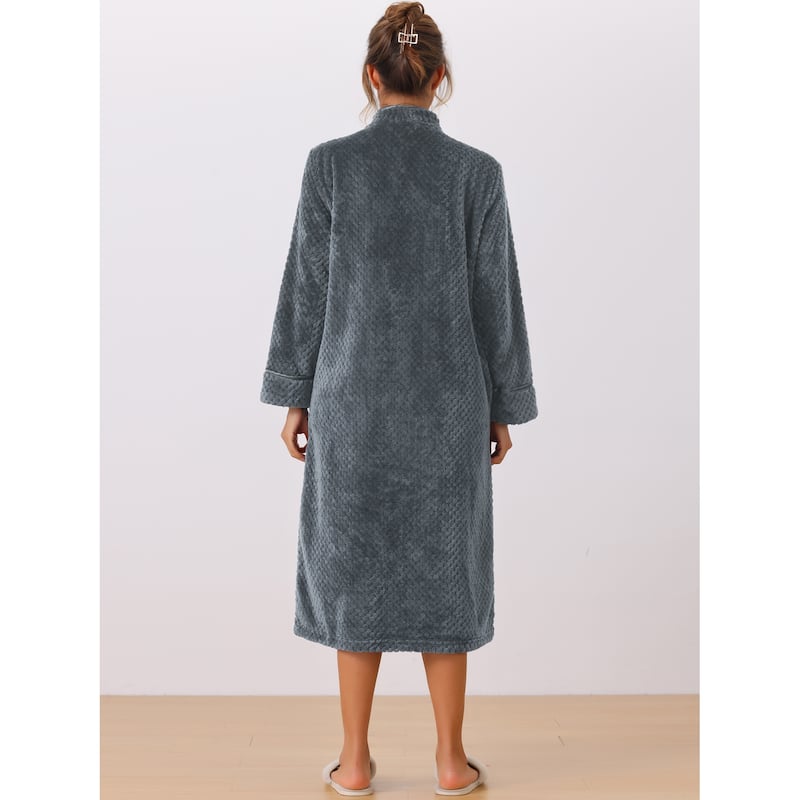 Womens Flannel Warm Cozy Fluffy Long Bathrobe Loungewear Housecoats Zipper Robes