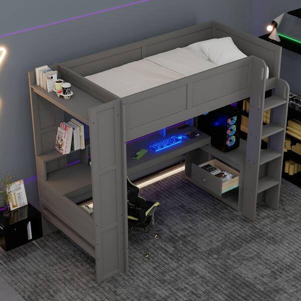 slide 2 of 16, Wood Twin Size Loft Bed w/Desk, Shelves, LED, Charging Station Gray