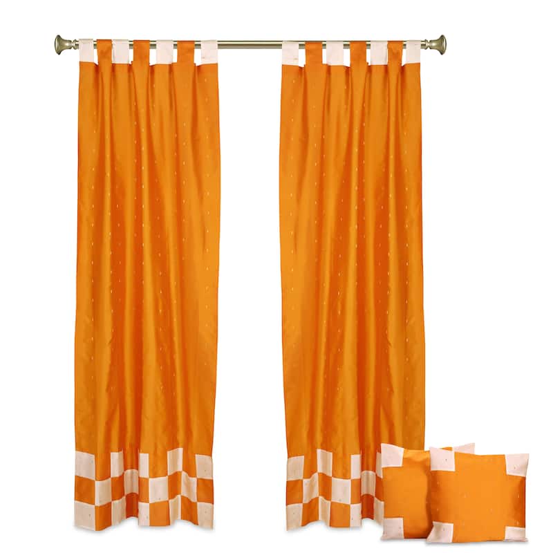 4 Pc Set Indian Sari Curtains & Cushion Covers Boho Tab Top Living Room Bedroom - Pumpkin - 36" W X 96" L - 96 Inches
