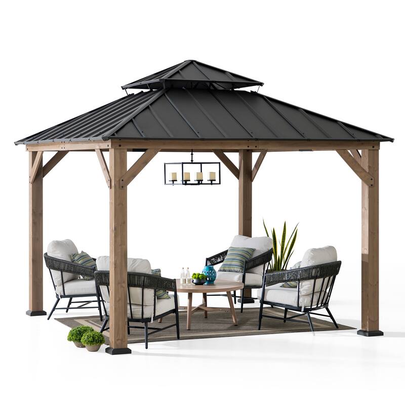 Sunjoy 11 x 11 ft Outdoor Wooden Gazebo Patio Steel Hardtop Gazebo with Ceiling Hook for Patios, Lawn, and Backyard, Brown - Brown