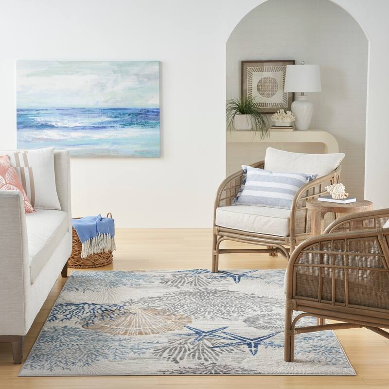 Nourison Pompeii Coastal Beach Shells and Coral Area Rug - 7'10" x 9'10" - Ivory Grey Blue