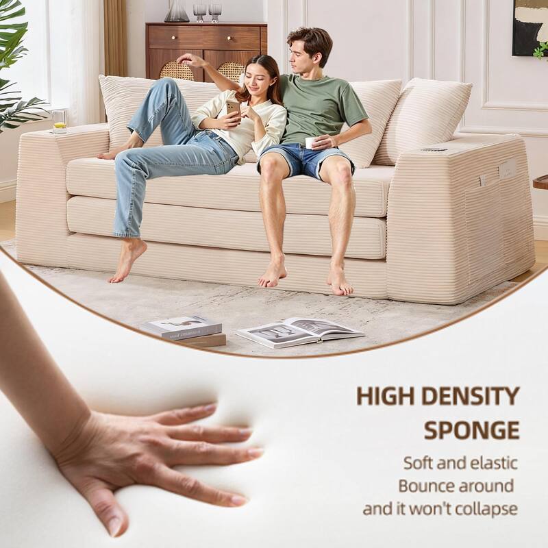 Modern Convertible Loveseat Sofa Bed, Corduroy Fabric Foldable Floor Couch w/5 Pillows, Side Pockets & Cup Holders, No Assembly