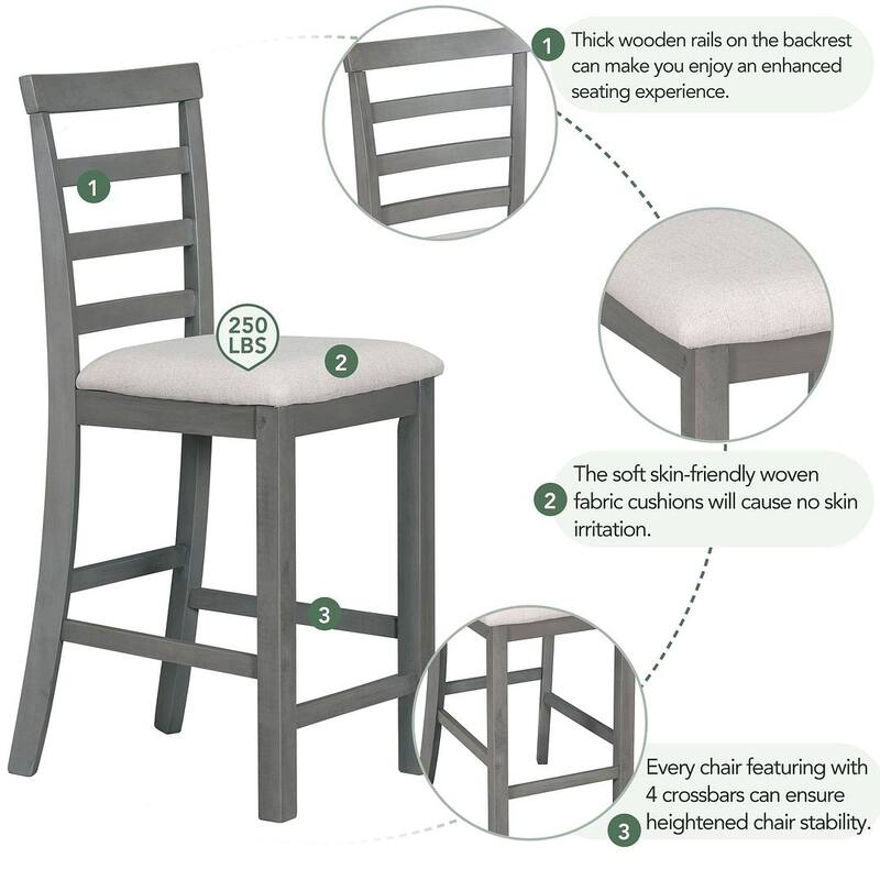 Multifunctional Rubberwood Counter Height Dining Table Set, 59.6" Counter Height Dining Table with 4 Upholstered Dining Chairs