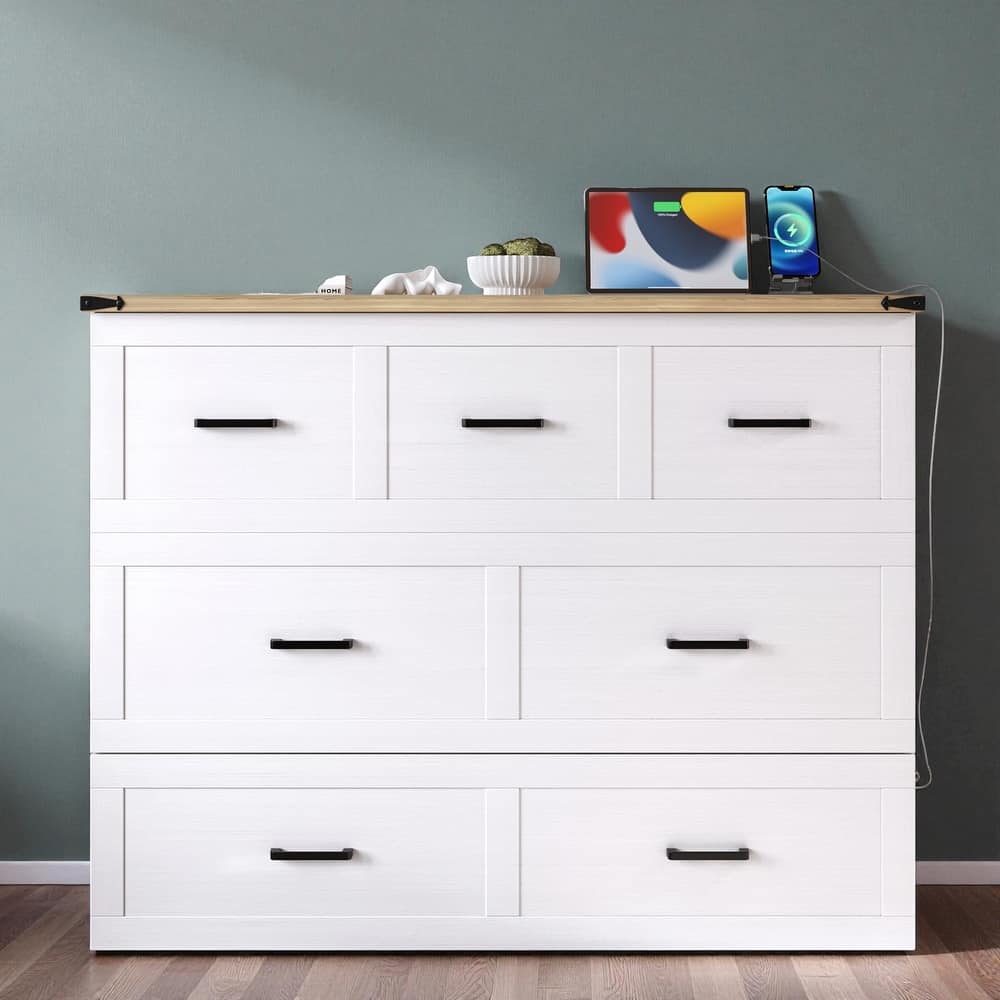 Foldable Murphy Bed Cabinet Full/Queen with USB & Type-C Ports and Storage Drawer for Guest Room