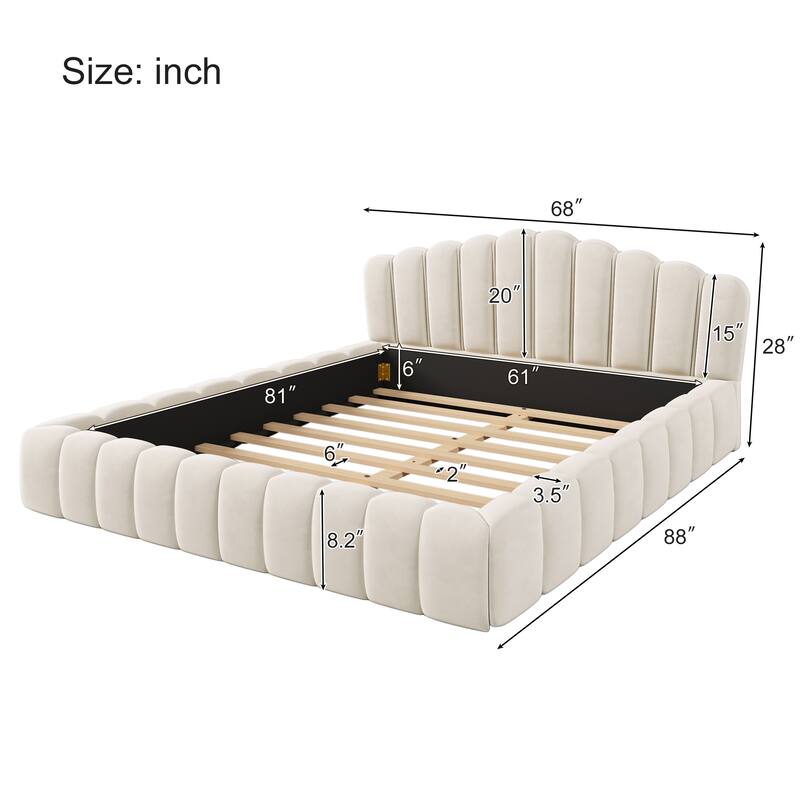 Upholstered Queen Size Platform Bed Frame with Shell-Shaped Headboard, Velvet Low Grounded Bed for Bedroom, No Box Spring Needed