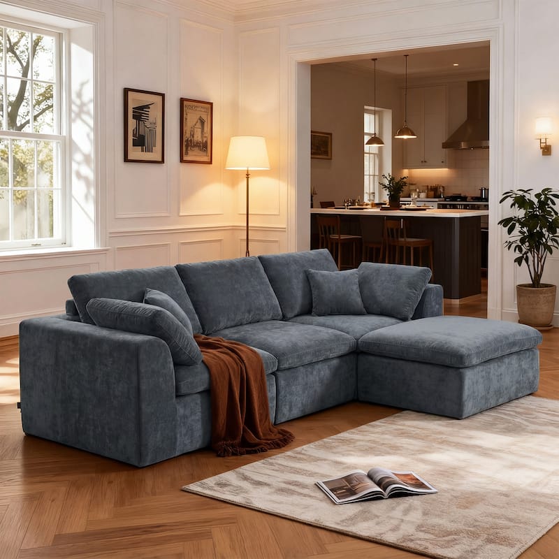 L-Shaped Chenille Sectional Sofa with Chaise Lounge, Living Room Modular Leisure Couch Chenille Sleeper Sofa