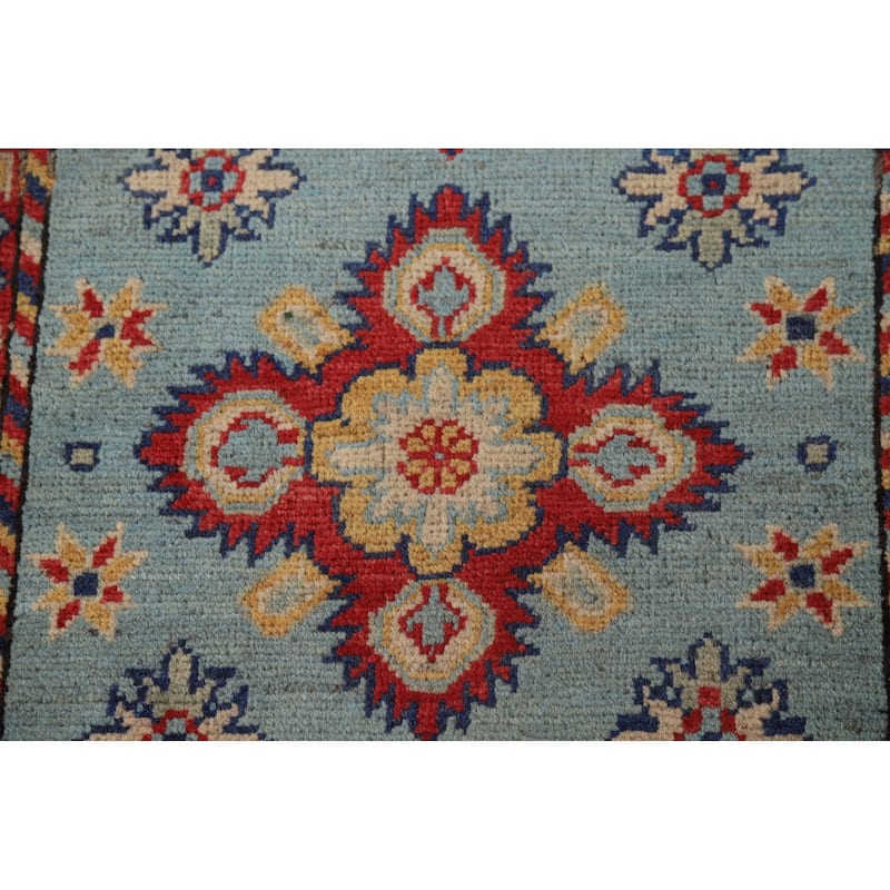 Light Blue Geometric Kazak Oriental Foyer Rug Hand-Knotted Wool Carpet - 2'0" x 3'0"