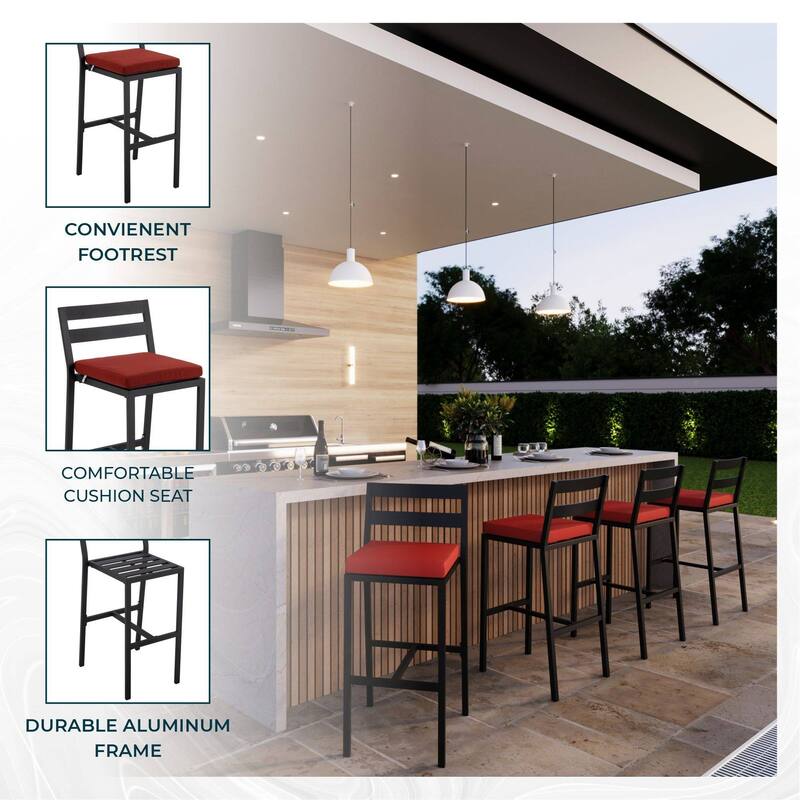 Patio Bar Stool in Powder-Coated Aluminum Frame with Removable Cushion Set of 2