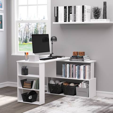 HOMCOM 360° Rotating Home Office Desk L Shaped Corner Computer Desk with Storage Shelves, Writing Table Workstation, White