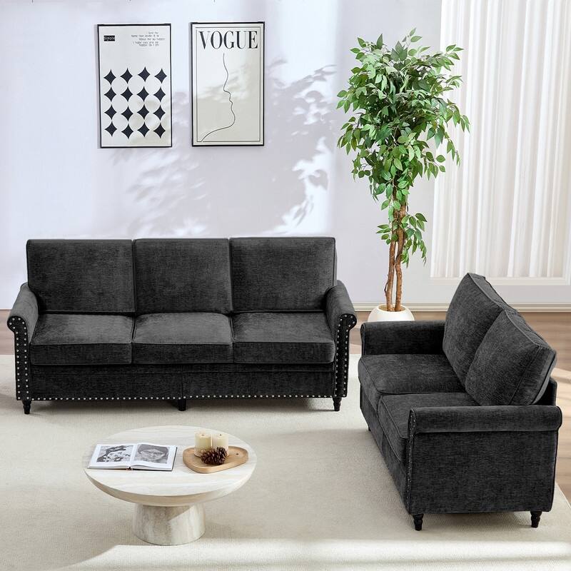 Mixoy 2 Piece Living Room Sofa Set with Riveted Design,Chenille Nailhead W76''3-Seater Sofa Couch with W53''Loveseat Sofa