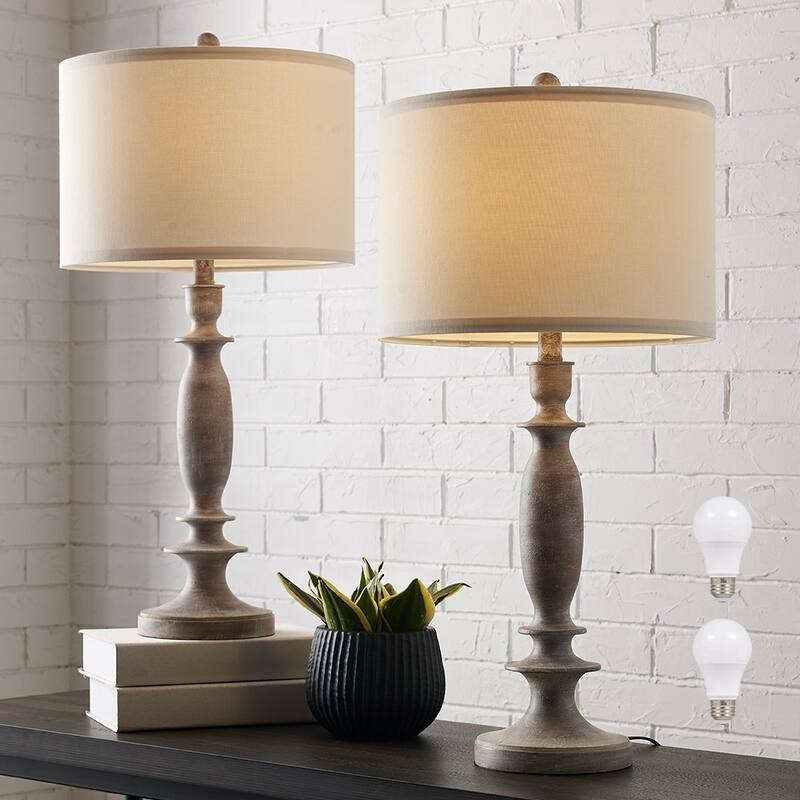 29 in. Wood Farmhouse Table Lamp with White Linen Shade, 9.5-Watt LED Bulbs Included (Set of 2) - 2-Pack 29"H