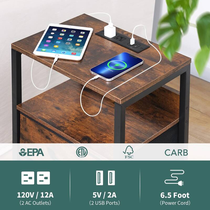 Nightstand with Charging Station,LED Night Stand with Fabric Drawers and Storage Shelf,Nightstands Bedside Tables with USB Ports