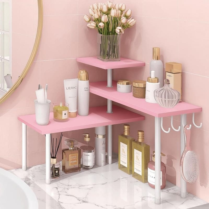 Bathroom Counter Organizer Corner Shelf - Pink, With Hooks