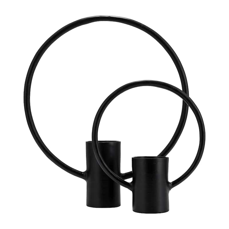 Set of 2 Metal Decorative Ring Candle Holders Contemporary Abstract Black Aluminum Ring Candle Displays for Home or - 16" x 4" x 19" - Black