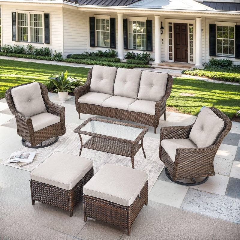 Pocassy Wicker Patio Conversation Set for Backyard - Beige Cushion - 6PCS Sofa with Swivel Chair Table Ottoman