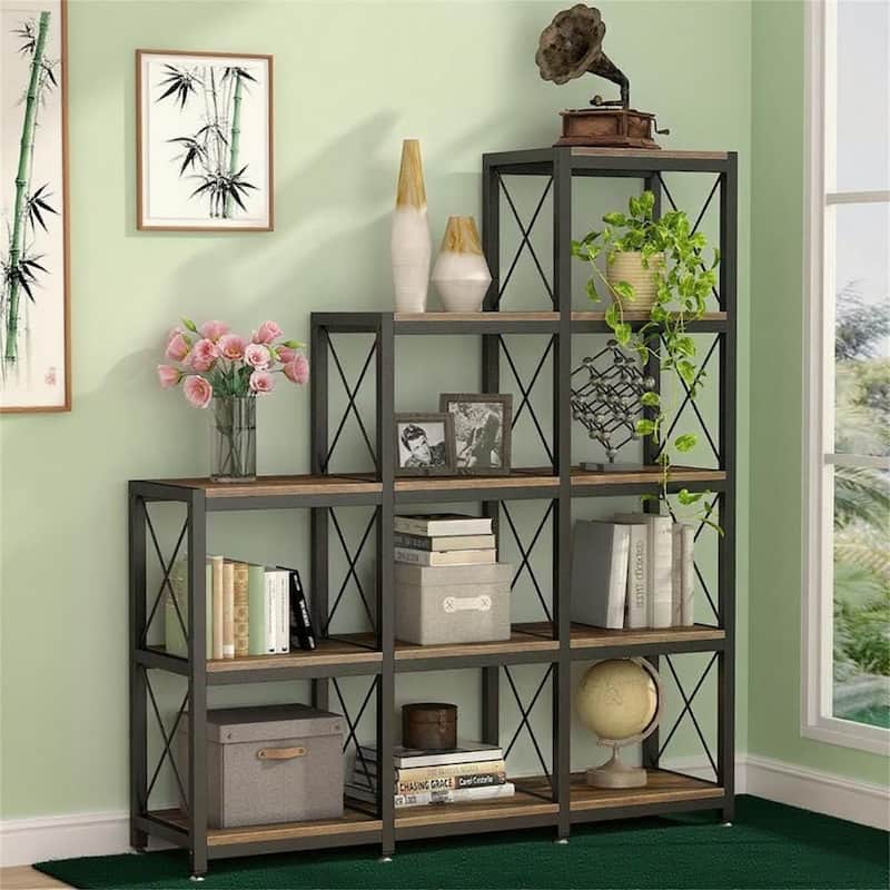 Vintage Industrial 9-Cube Ladder Bookcase - Rustic Brown