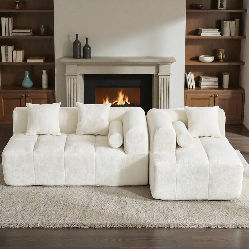 101.2" Modular Sectional Sofa Full-Foam Compressed Couch with Deep Seating Side Pockets Square & Bolster Pillows