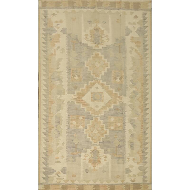 Hand Woven Oriental 100% Wool Carpet Southwestern Tribal Beige & Ivories Kilim Area Rug - 9' 10'' X 6' 4''