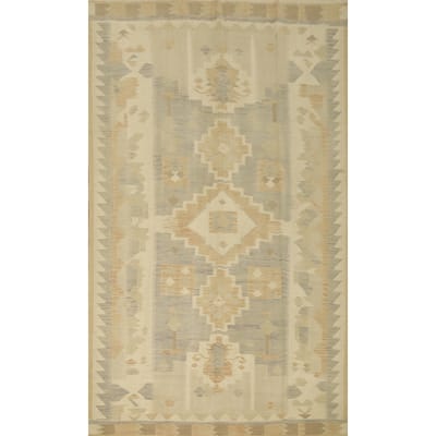 Hand Woven Oriental 100% Wool Carpet Southwestern Tribal Beige & Ivories Kilim Area Rug - 9' 10'' X 6' 4''