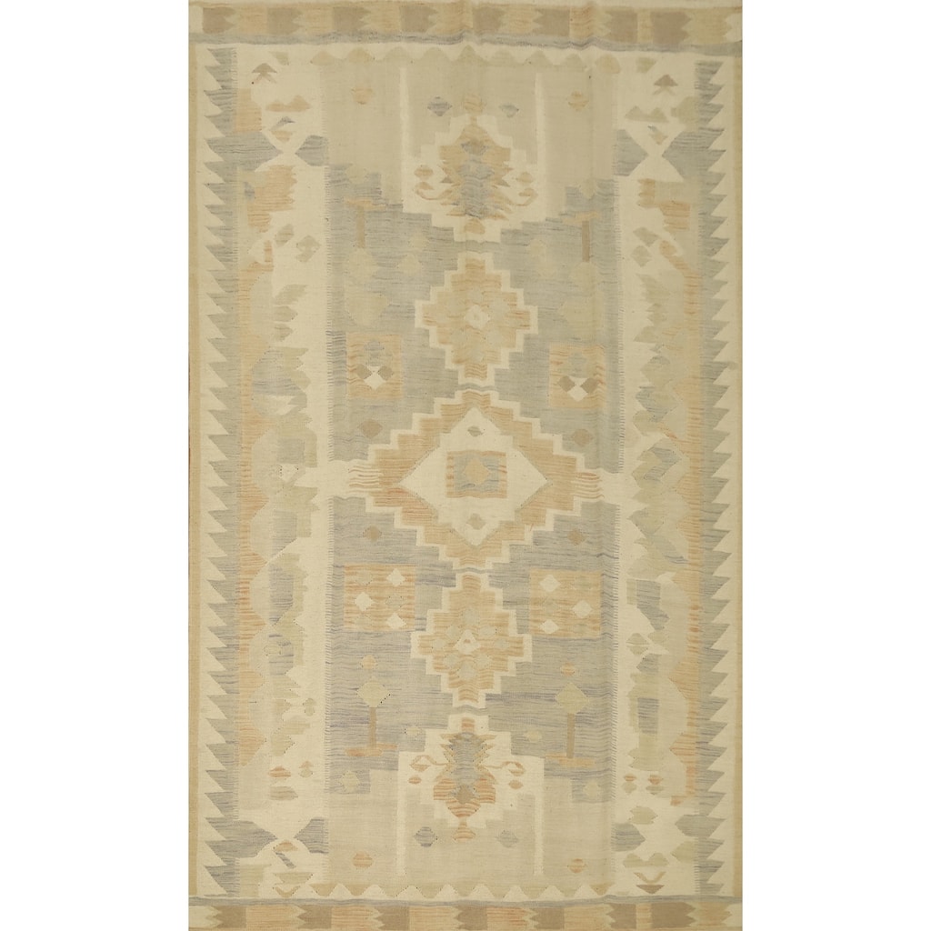 Hand Woven Oriental 100% Wool Carpet Southwestern Tribal Beige & Ivories Kilim Area Rug - 9' 10'' X 6' 4''