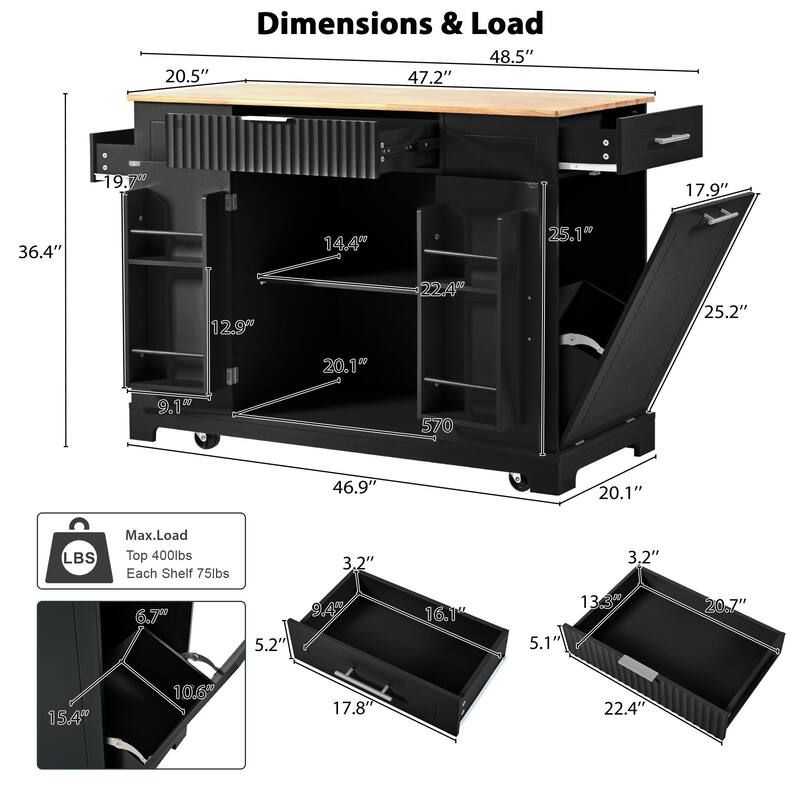 Fluted Kitchen Island With Trash Can Storage Cabinet(no include stool)