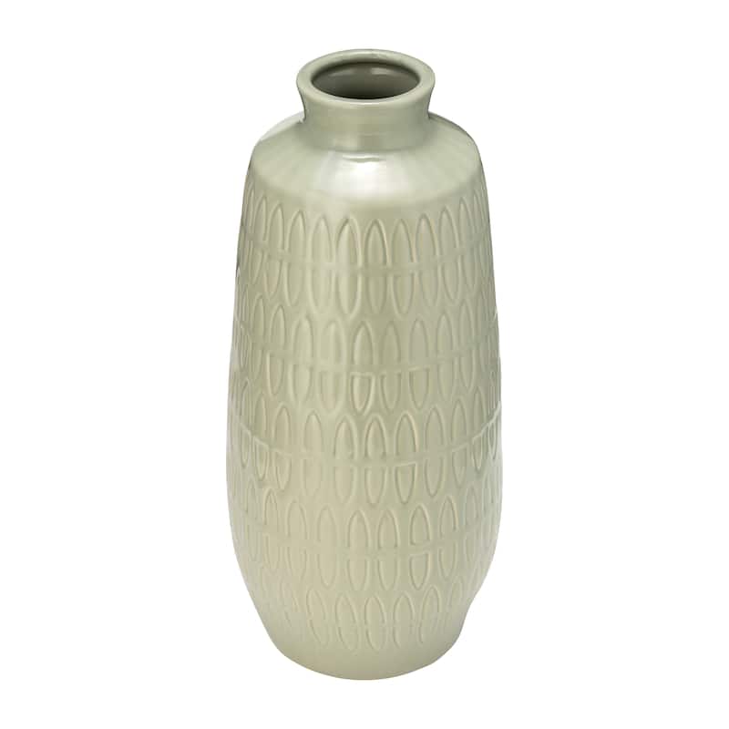 Sagebrook Home Ceramic Vase Carved Design Decorative Light Colored Table Vase for Home or Office Decor - 7" x 7" x 15" - Carved Green