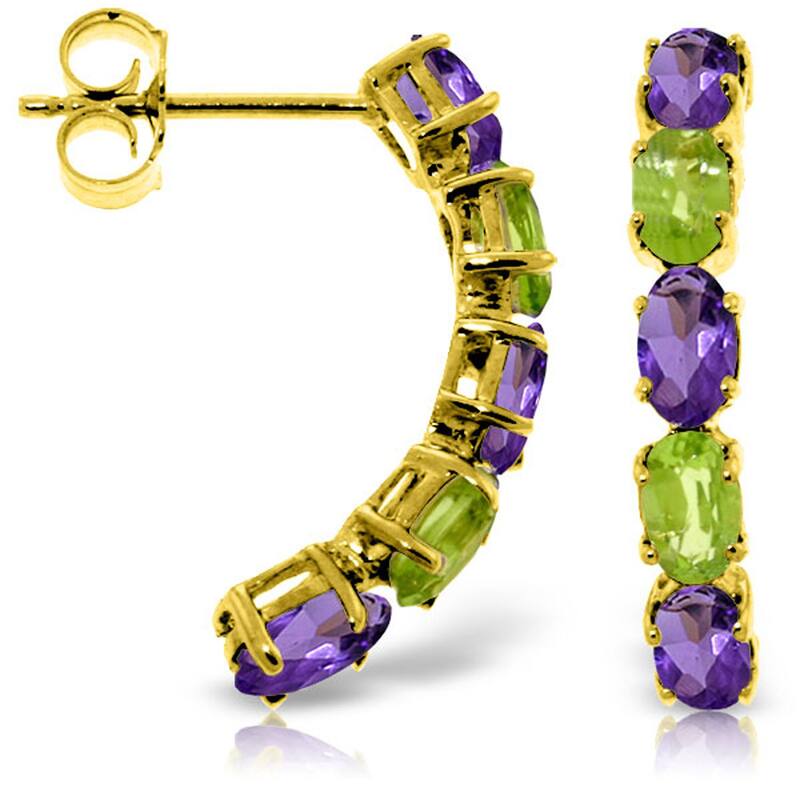 14K Solid Gold Gemstone Stud Earrings w/ Natural Amethysts & Peridots - Yellow