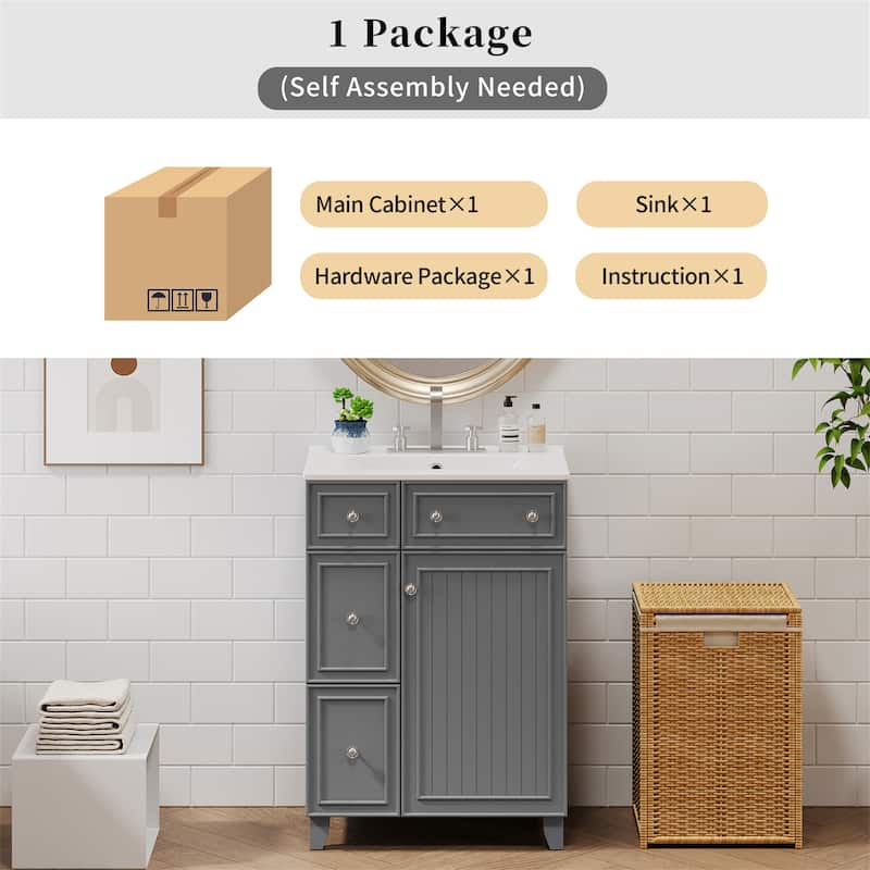 24" Bathroom Vanity with Ceramic Sink, Two Drawers, Soft-Close Door