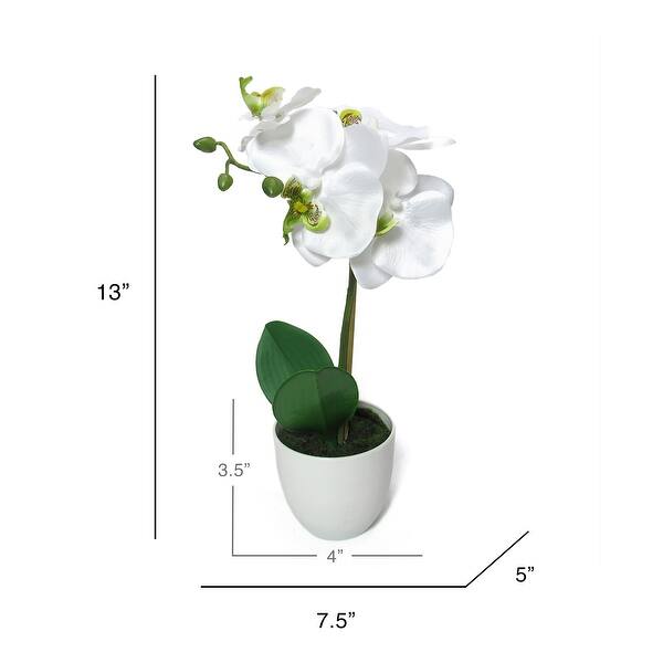 dimension image slide 2 of 4, Artificial Phalaenopsis Orchid Flower Arrangement in White Pot 13in