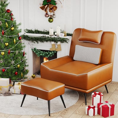 Accent Chair with Ottoman, Mid Century Modern Upholstered Faux Leather Chairs for Living Room Bedroom Lounge Chair Armless