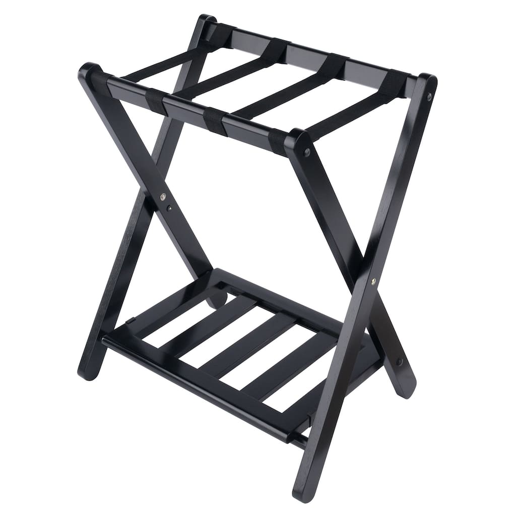 Wooden Foldable Luggage Rack with Shelf - 24.75" - Black