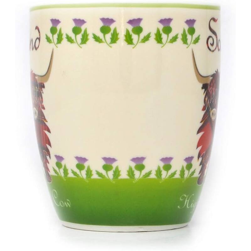 13oz Scottish Highland Cow Tartan Bone China Mug with Thistle Motifs Microwave and Dishwasher Safe