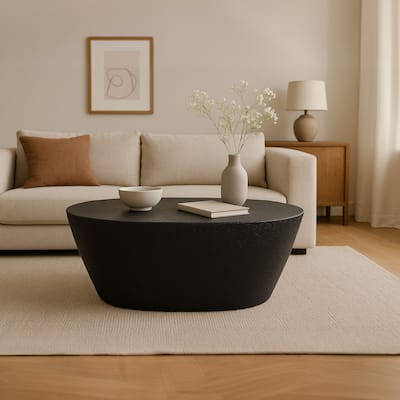 Josi 36 Inch Coffee Table, Handcrafted Hammered Design, Matte Black Sculptural Aluminum Frame
