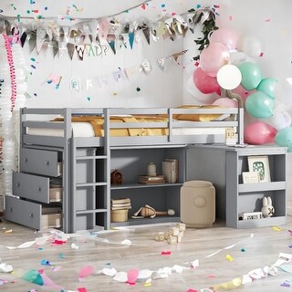Twin Rubber Wood Loft Bed with Drawer Cabinet, Shelf Cabinet and Pull-out Desk with a Two-tier Side Shelf