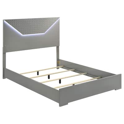 Ivon Queen Size Bed, 3D Embossed LED Headboard, Gray Solid Hardwood